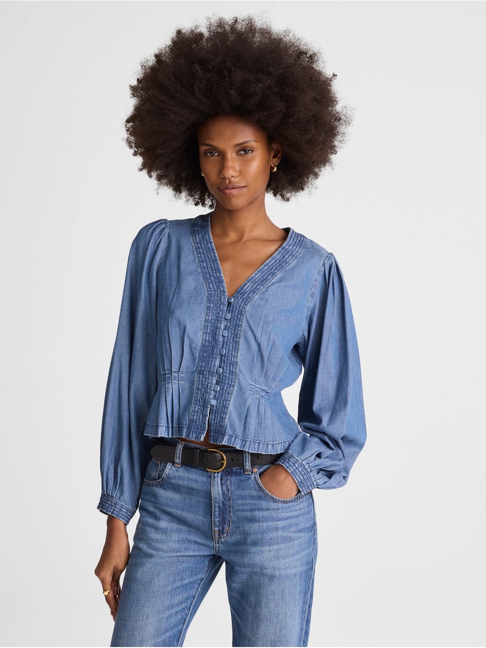 NWT Madewell Denim Pintuck Balloon Sleeve Peplum V-Neck Button Front Blouse 00